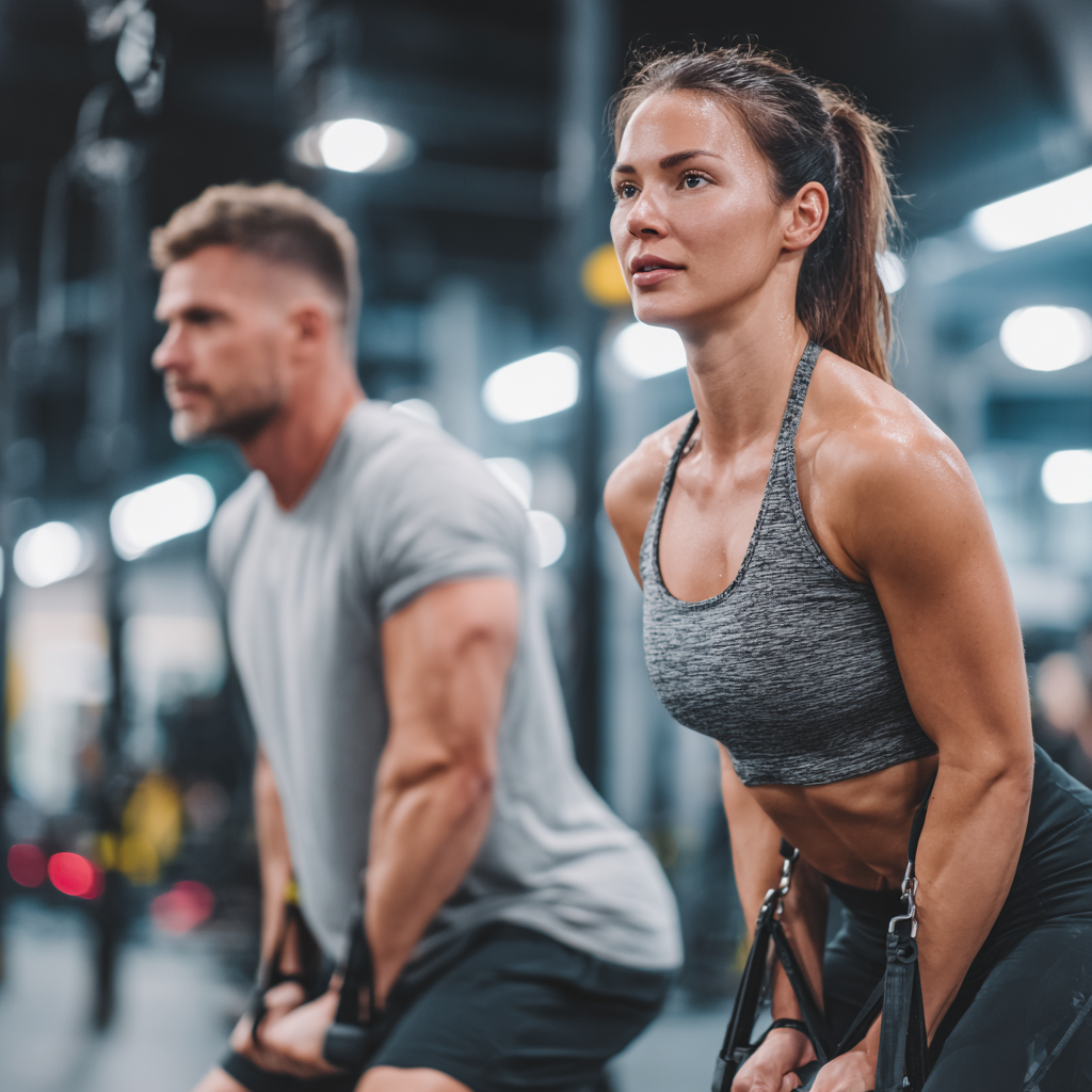 Romanian adults of various ages engaging in moderate fitness activities together in a bright, welcoming gym setting